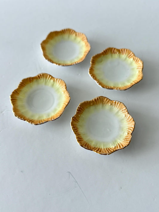 Set of 4 Antique Porcelain Butter Pats, Gold Rim Scalloped Victorian Tableware