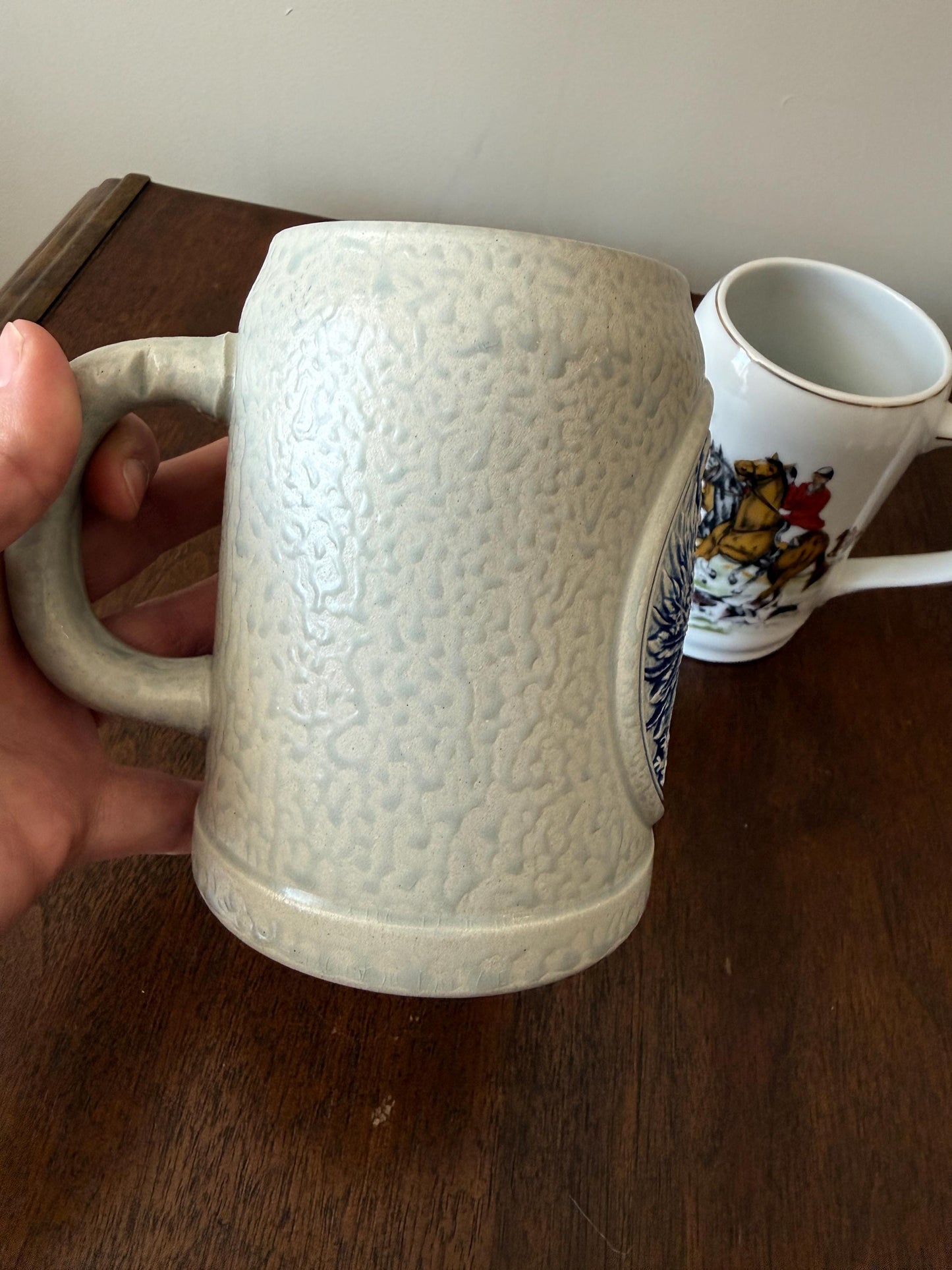 Vintage German Crested Stein & English Hunting Scene Mug – Rustic Barware