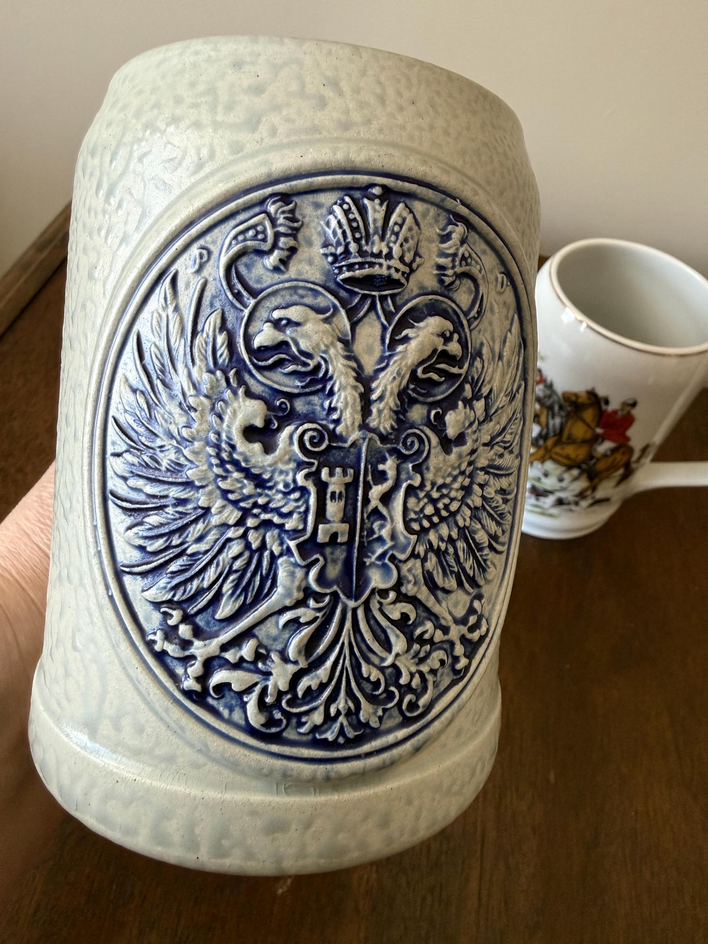 Vintage German Crested Stein & English Hunting Scene Mug – Rustic Barware
