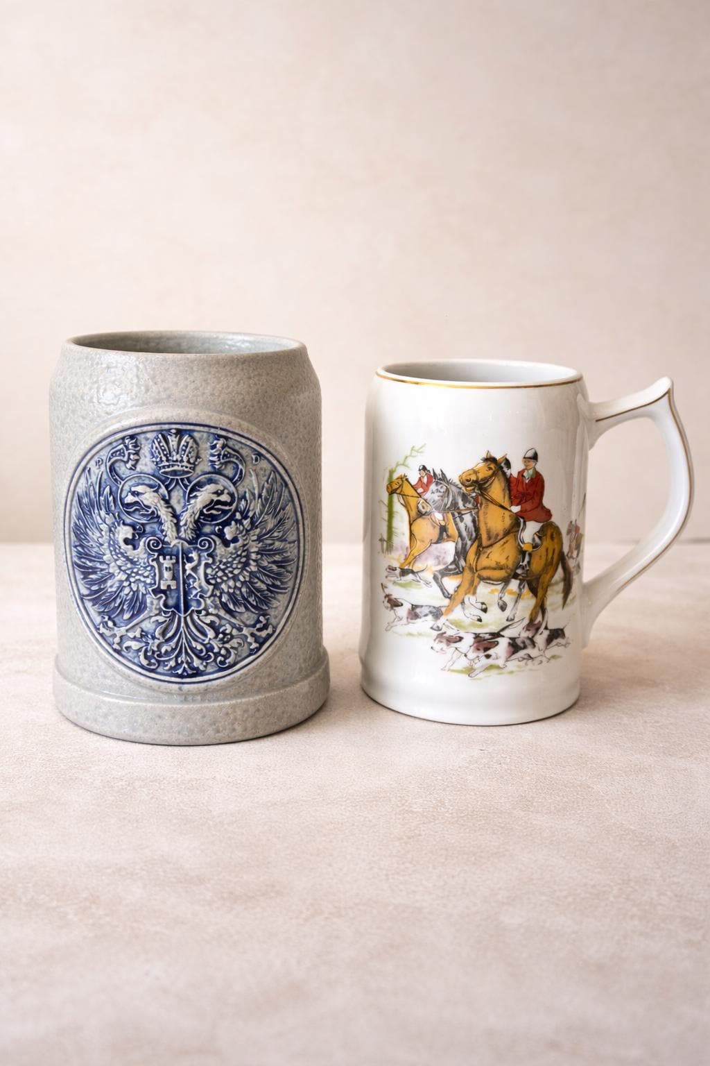 Vintage German Crested Stein & English Hunting Scene Mug – Rustic Barware