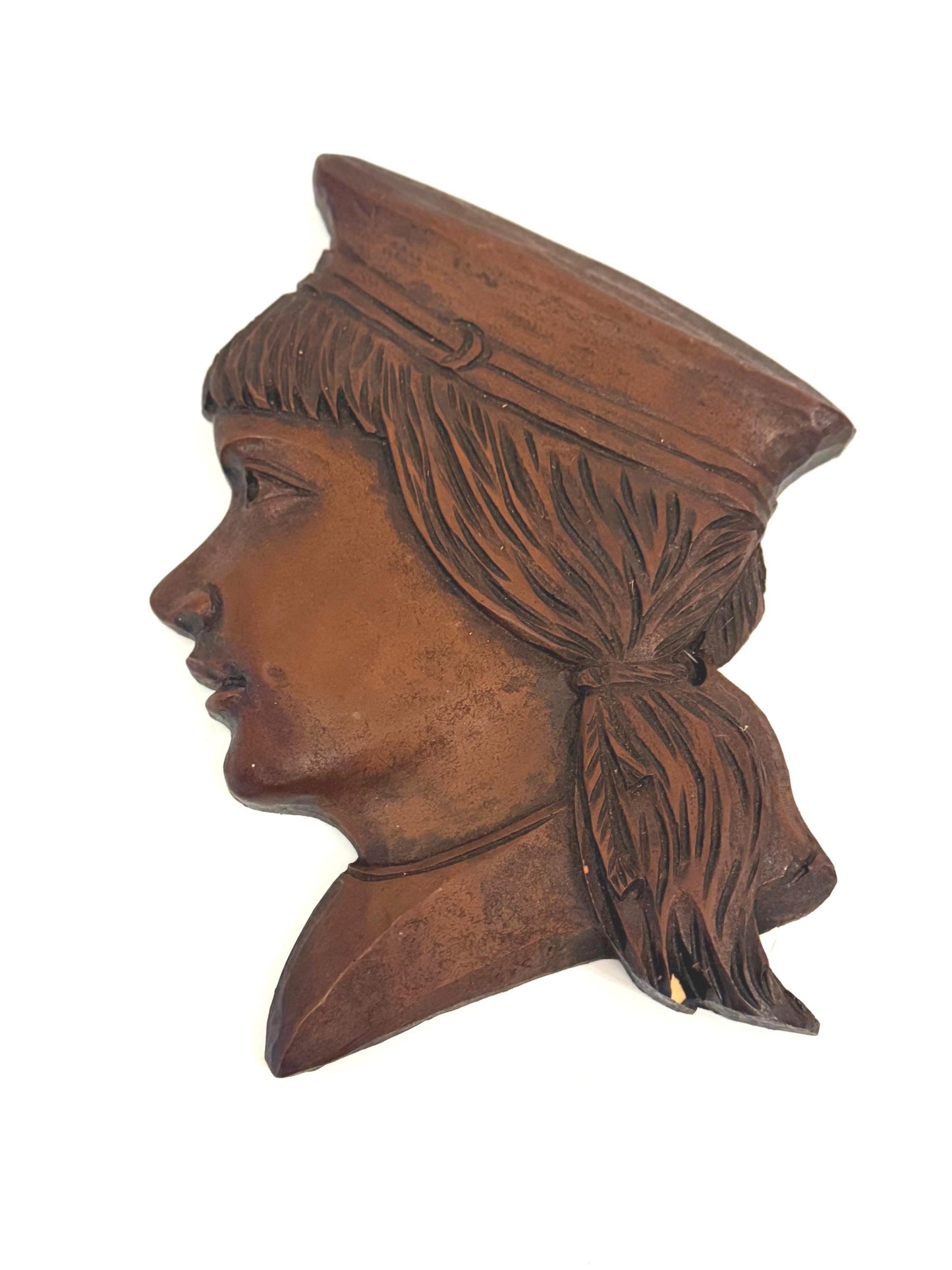 Vintage Hand Carved Wooden Plaque – Colonial Lady Profile Bust, Folk Art Wall Hanging