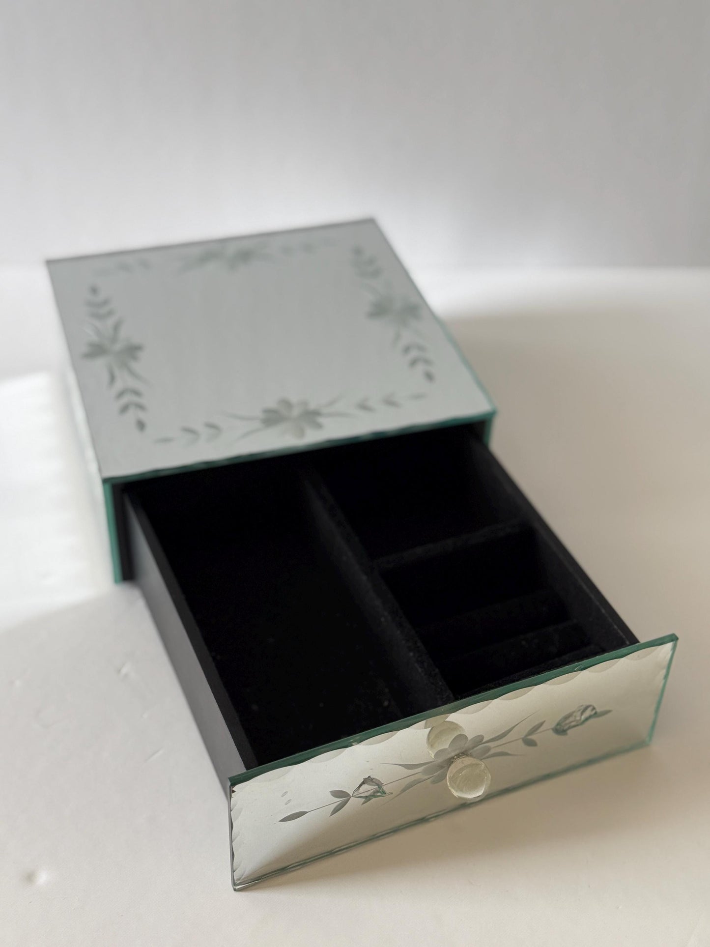 Vintage Etched Mirror Glass Trinket Box with Drawer Mid Century Jewelry Box