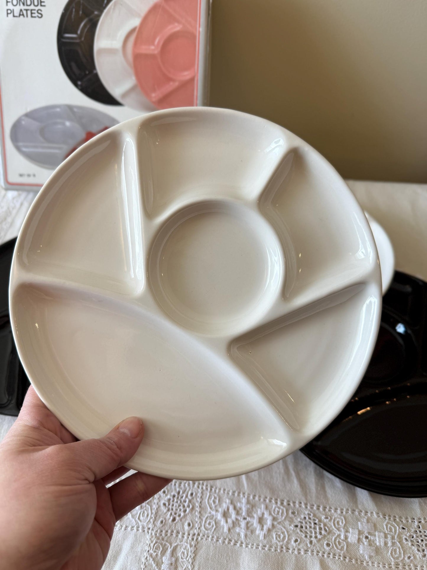 Vintage White and Black Ceramic Divided Plates - MCM Set of 4 - Foundue Plates