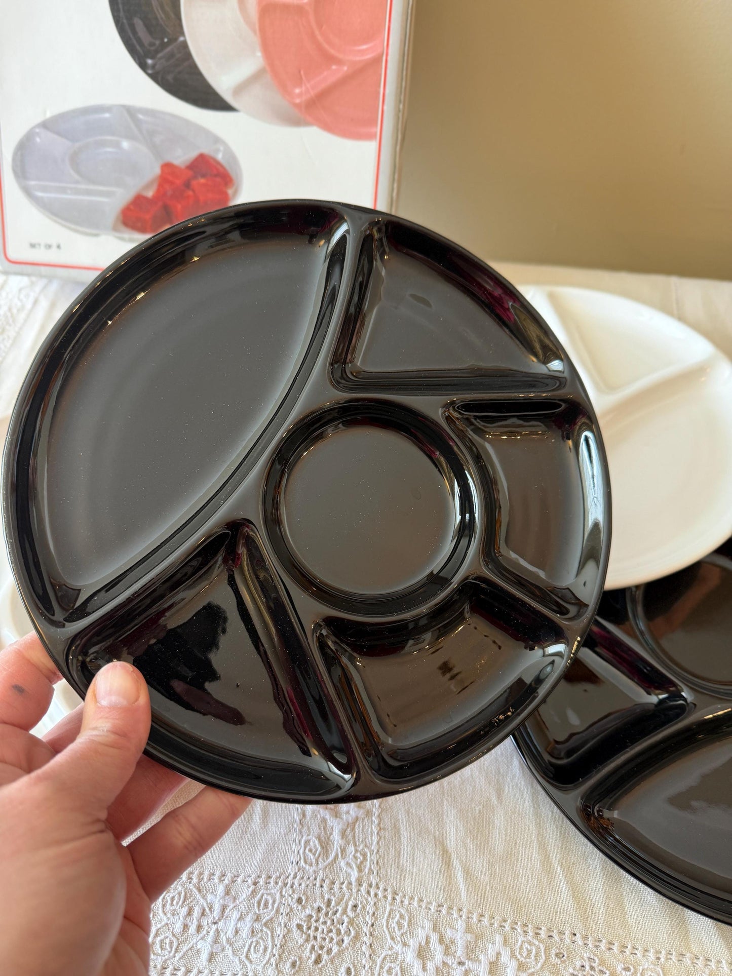 Vintage White and Black Ceramic Divided Plates - MCM Set of 4 - Foundue Plates