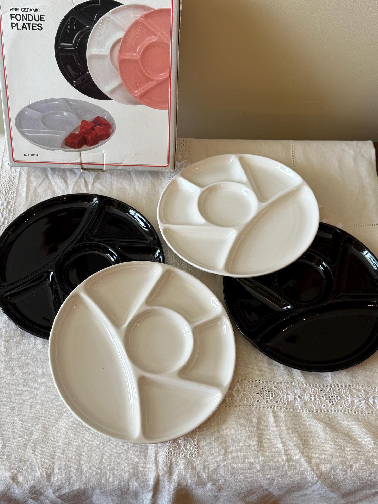 Vintage White and Black Ceramic Divided Plates - MCM Set of 4 - Foundue Plates
