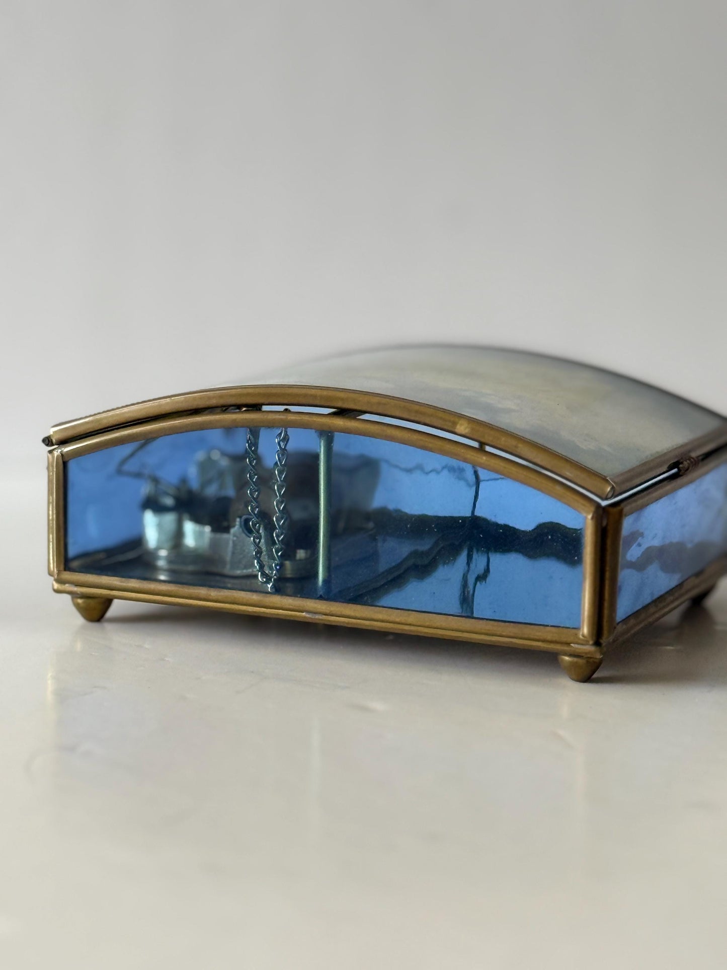 Vintage Music Box: Brass, Blue Glass, Cherub Angel Design, Plays "All I Ask of You"