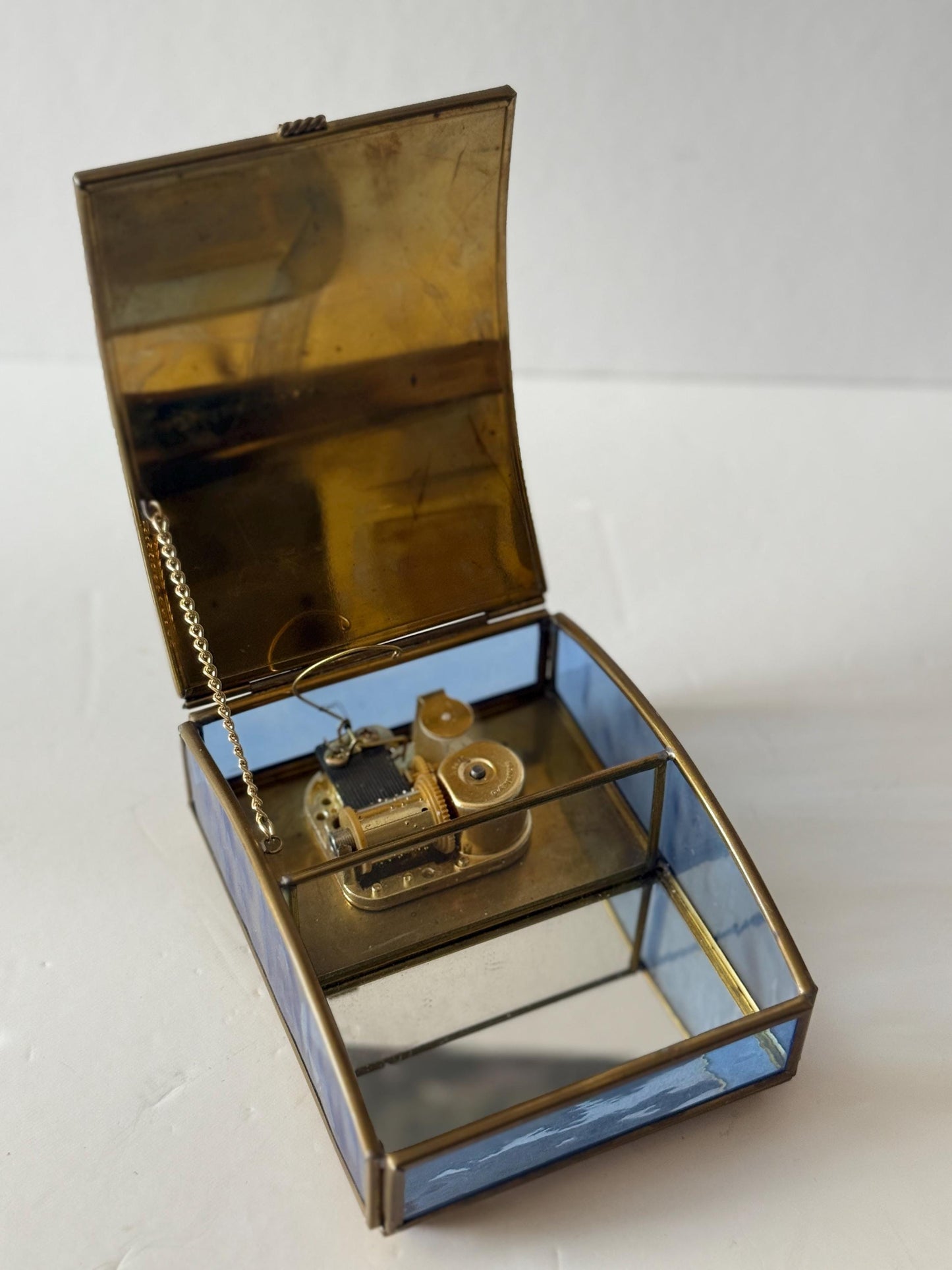 Vintage Music Box: Brass, Blue Glass, Cherub Angel Design, Plays "All I Ask of You"