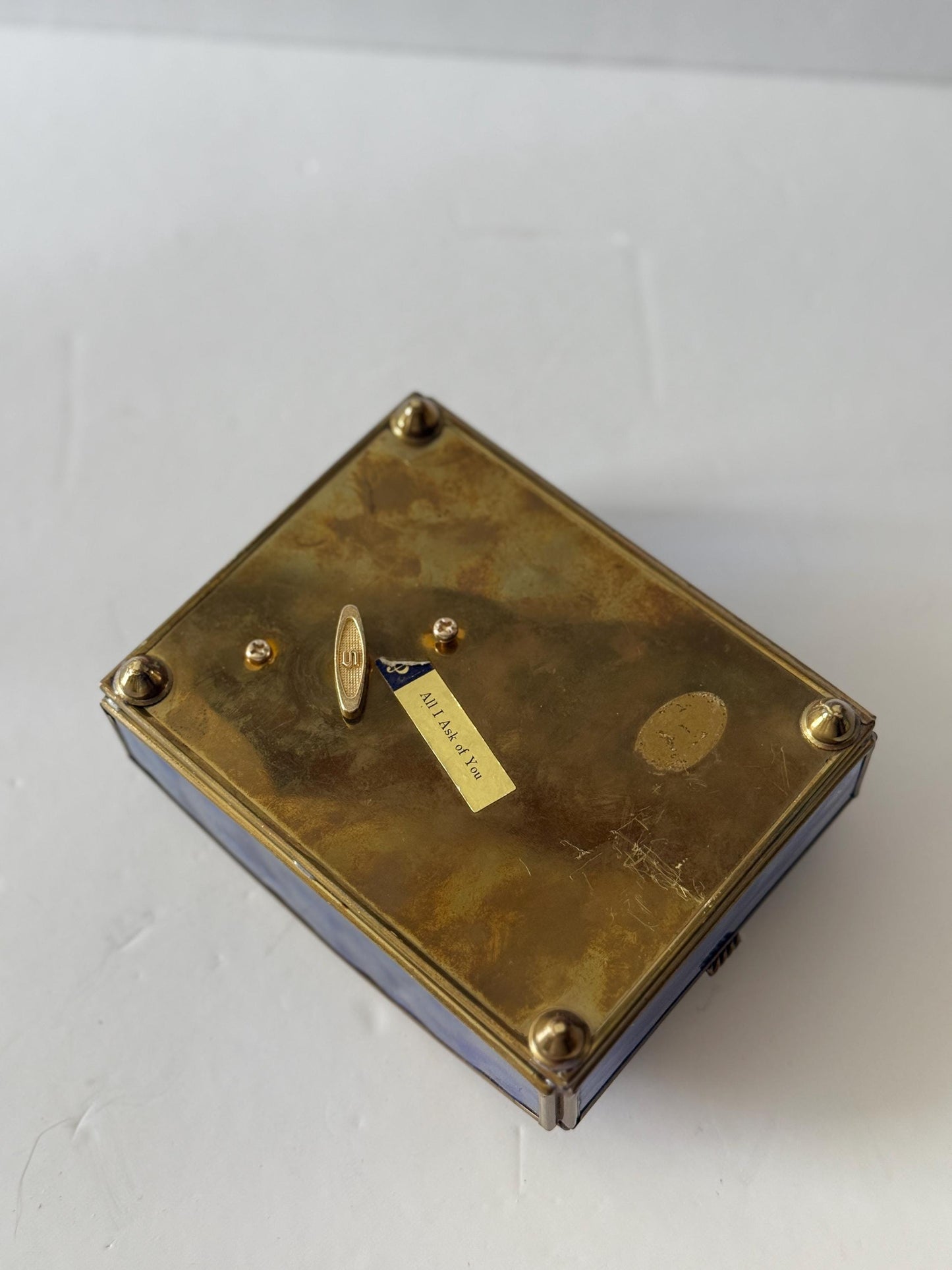 Vintage Music Box: Brass, Blue Glass, Cherub Angel Design, Plays "All I Ask of You"