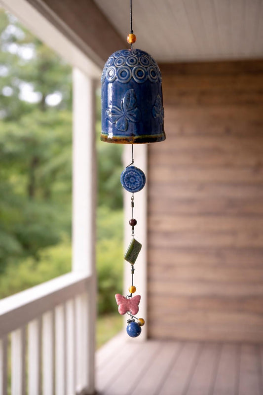 Vintage Pottery Wind Chime Blue Ceramic Bell Butterfly Hanging Decor