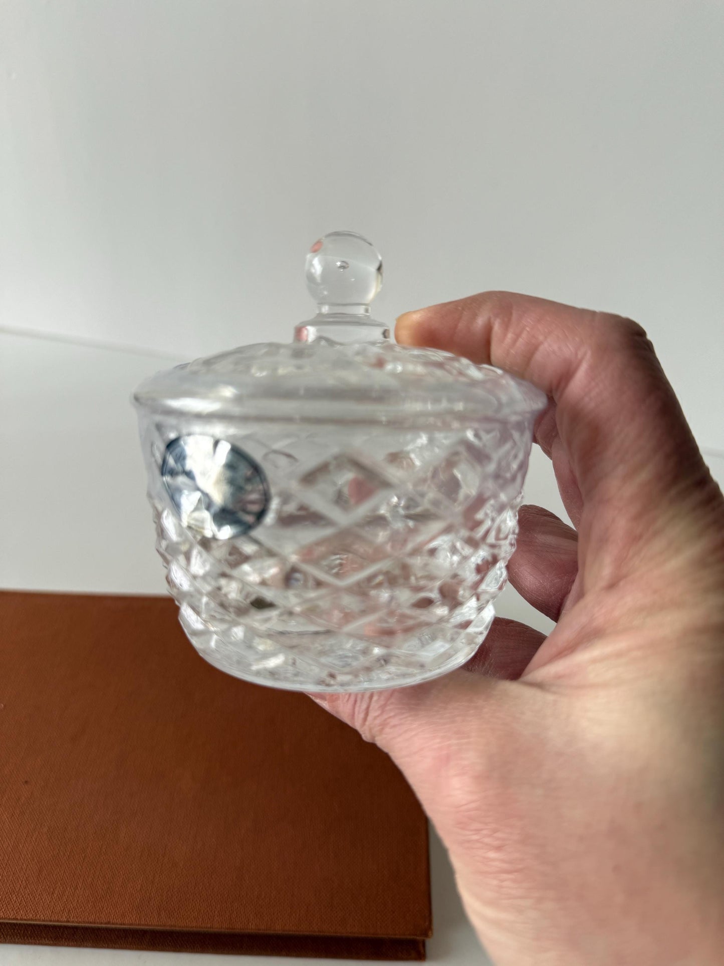 Lead Crystal Lidded Jar, Diamond Cut Candy Dish, Small Vanity Trinket