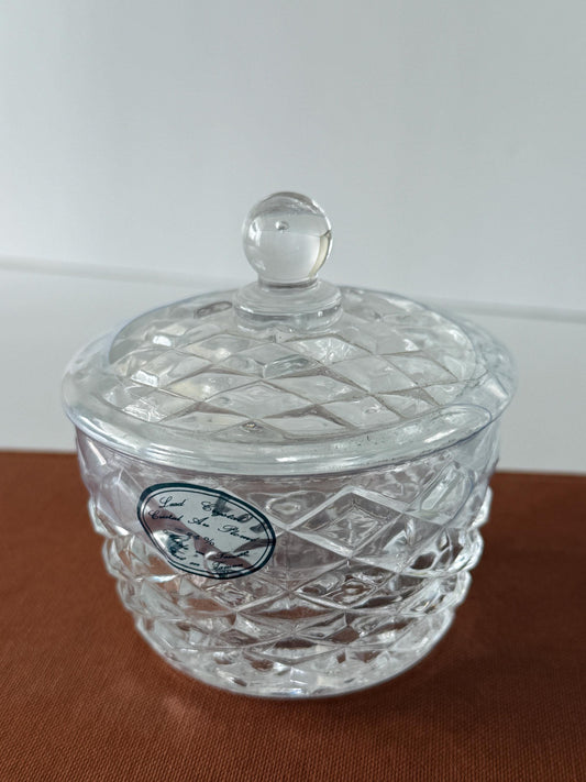 Lead Crystal Lidded Jar, Diamond Cut Candy Dish, Small Vanity Trinket