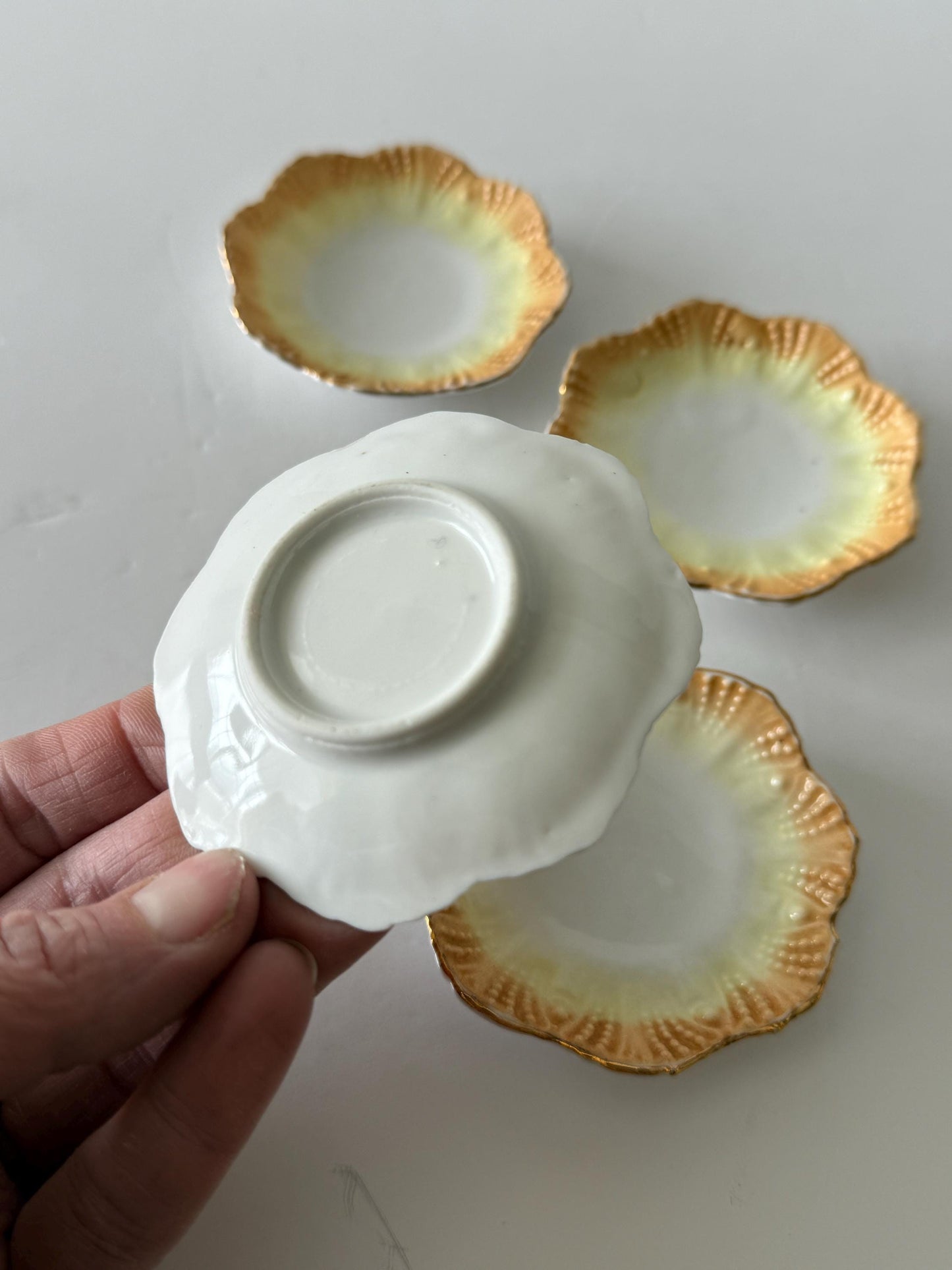 Set of 4 Antique Porcelain Butter Pats, Gold Rim Scalloped Victorian Tableware