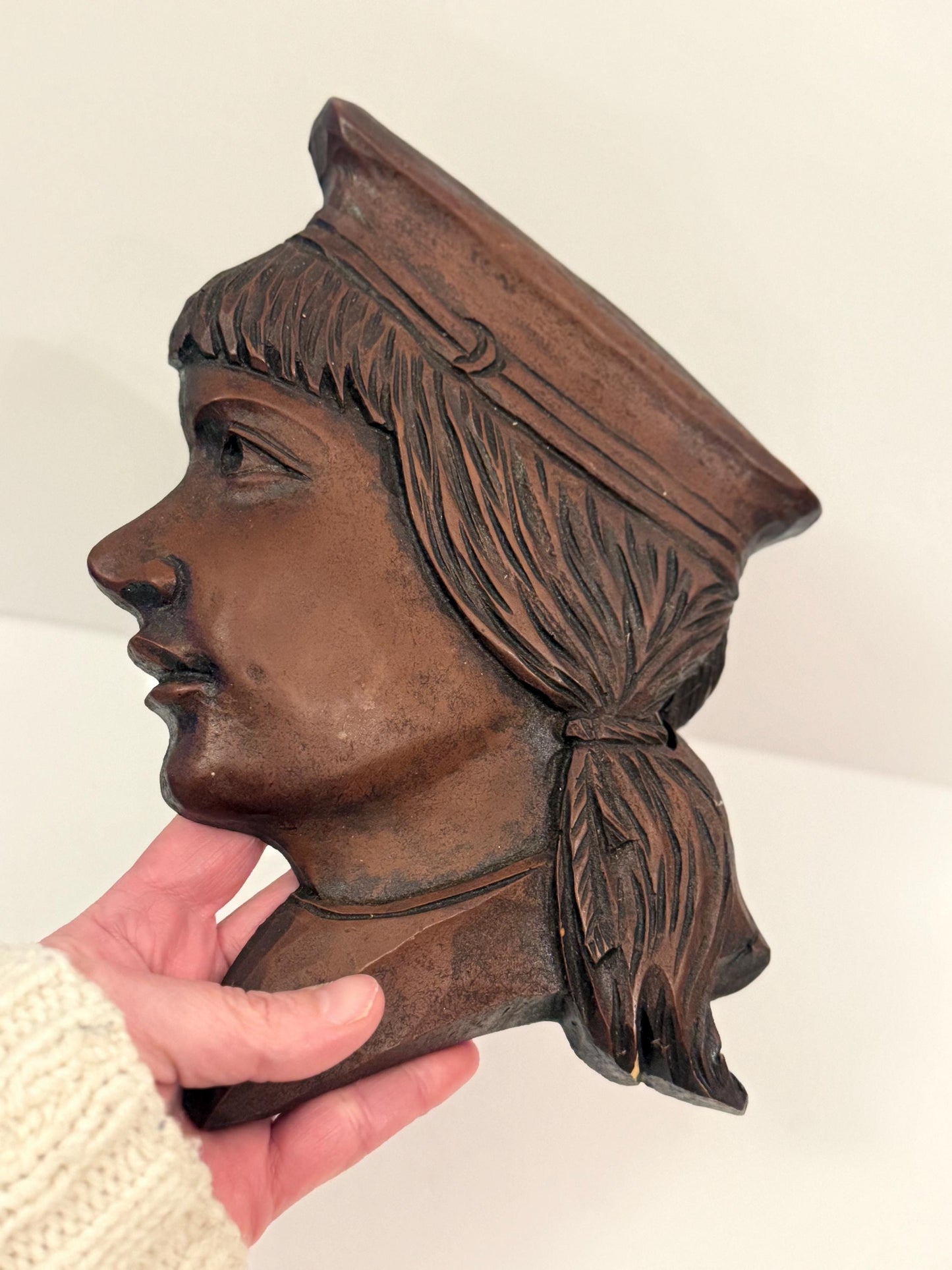 Vintage Hand Carved Wooden Plaque – Colonial Lady Profile Bust, Folk Art Wall Hanging