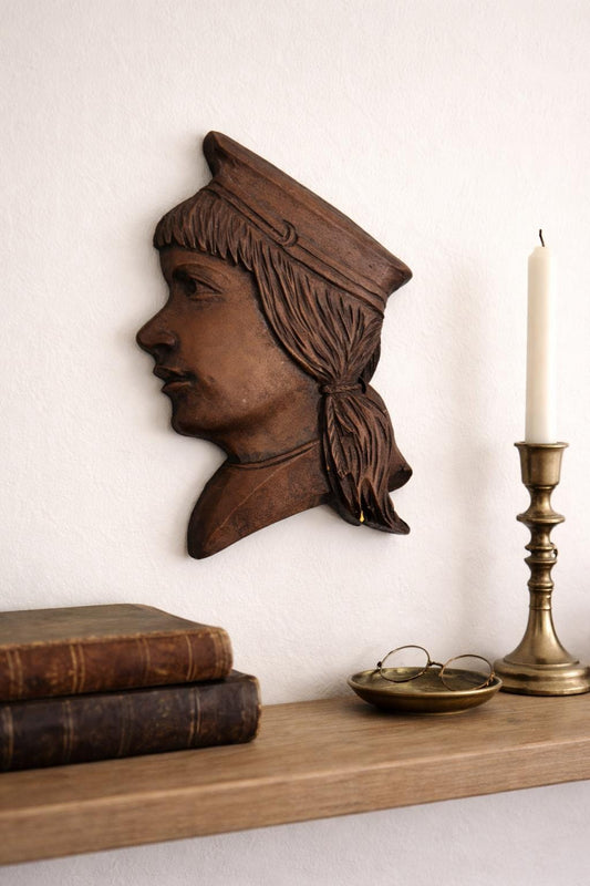 Vintage Hand Carved Wooden Plaque – Colonial Lady Profile Bust, Folk Art Wall Hanging