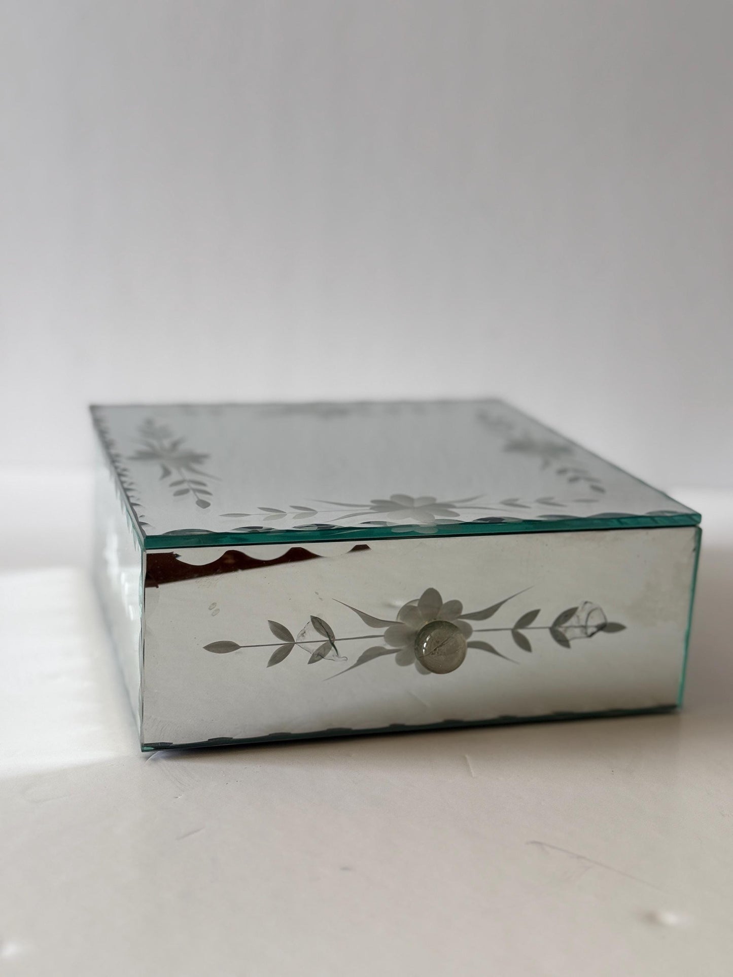 Vintage Etched Mirror Glass Trinket Box with Drawer Mid Century Jewelry Box
