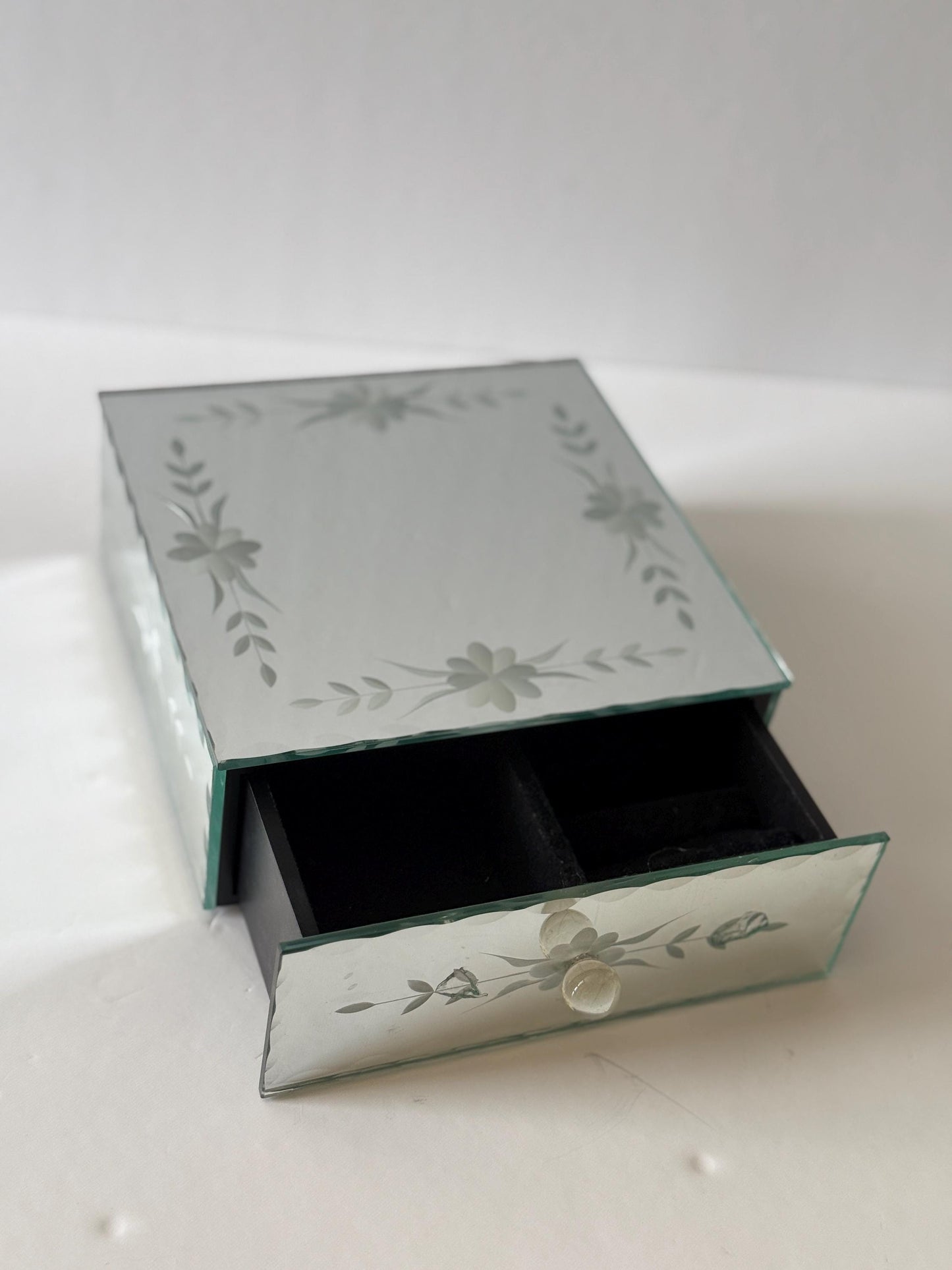 Vintage Etched Mirror Glass Trinket Box with Drawer Mid Century Jewelry Box