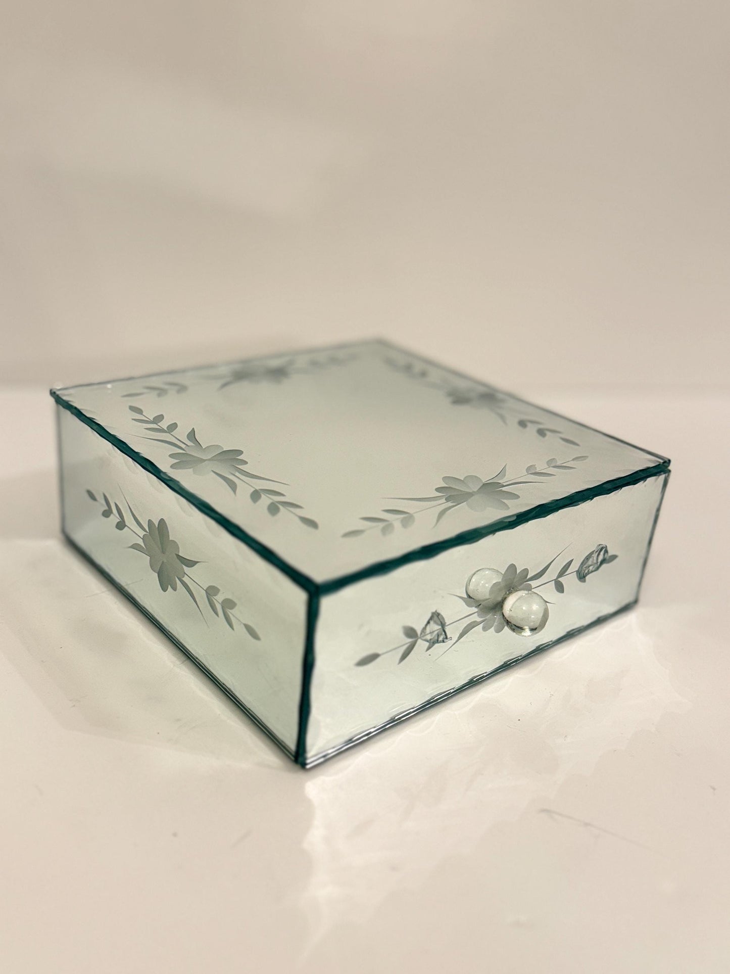 Vintage Etched Mirror Glass Trinket Box with Drawer Mid Century Jewelry Box