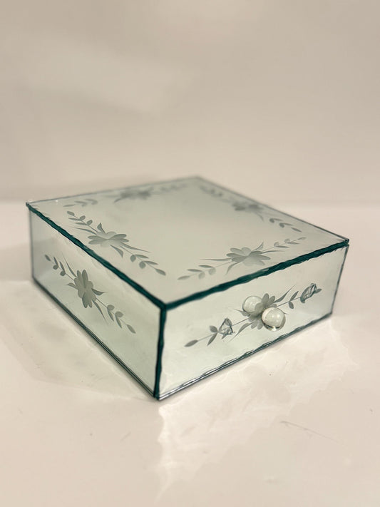 Vintage Etched Mirror Glass Trinket Box with Drawer Mid Century Jewelry Box