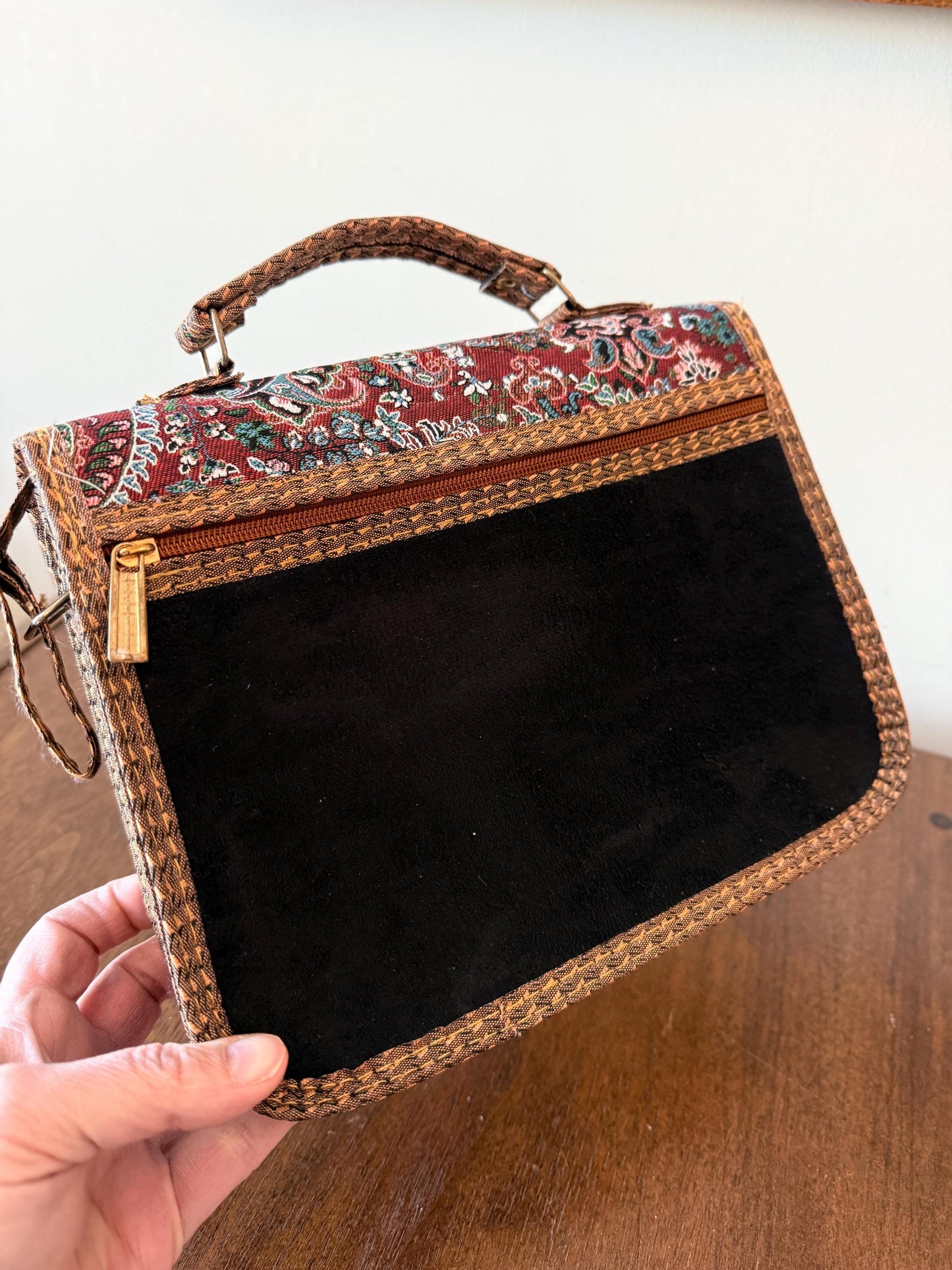 Vintage Turkish Kilim Style Shoulder Bag, Unused Tapestry Paisley Purse, Suede Accent Handbag, Adjustable Strap, Boho Crossbody Bag