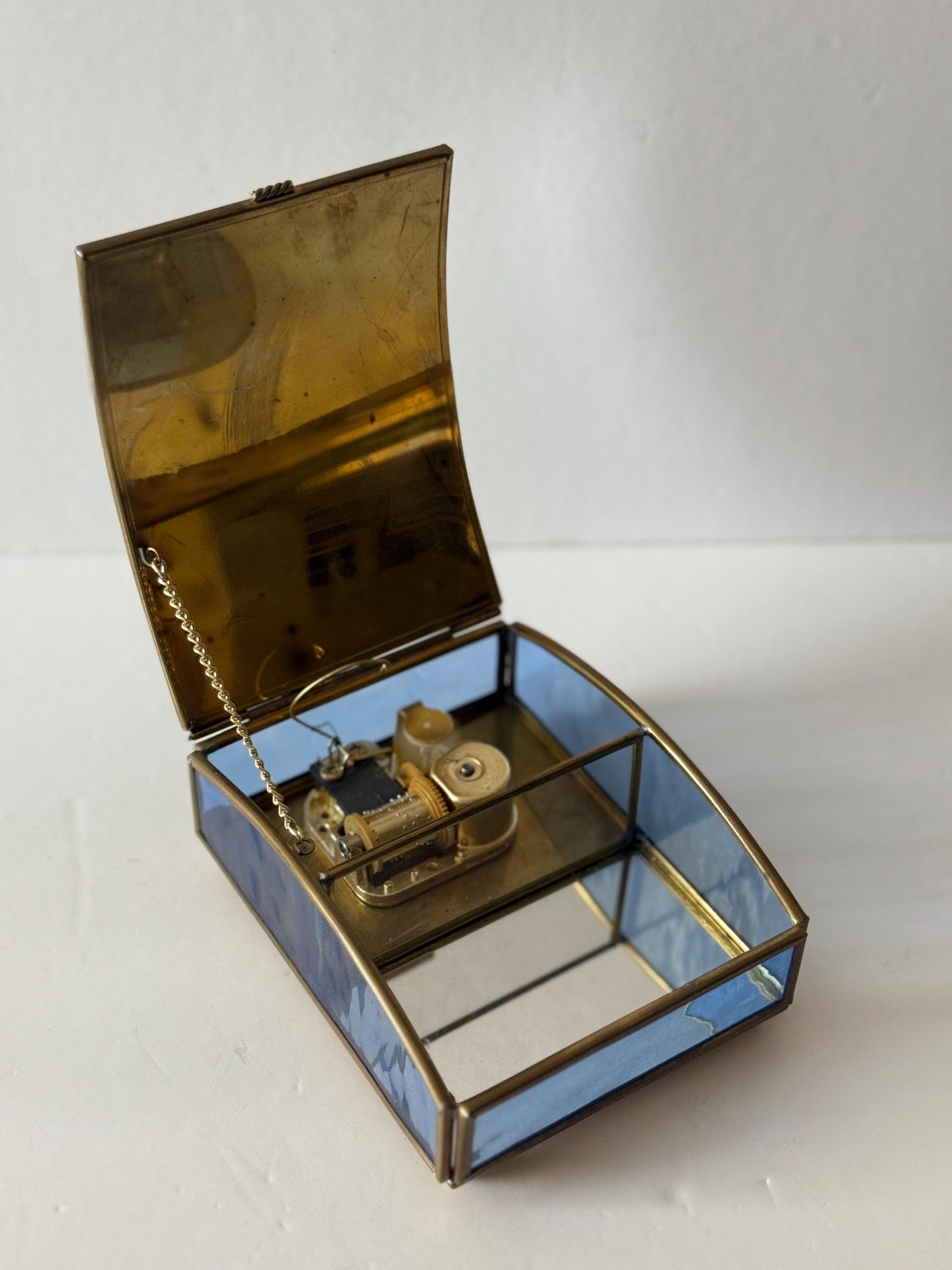 Vintage Music Box: Brass, Blue Glass, Cherub Angel Design, Plays "All I Ask of You"