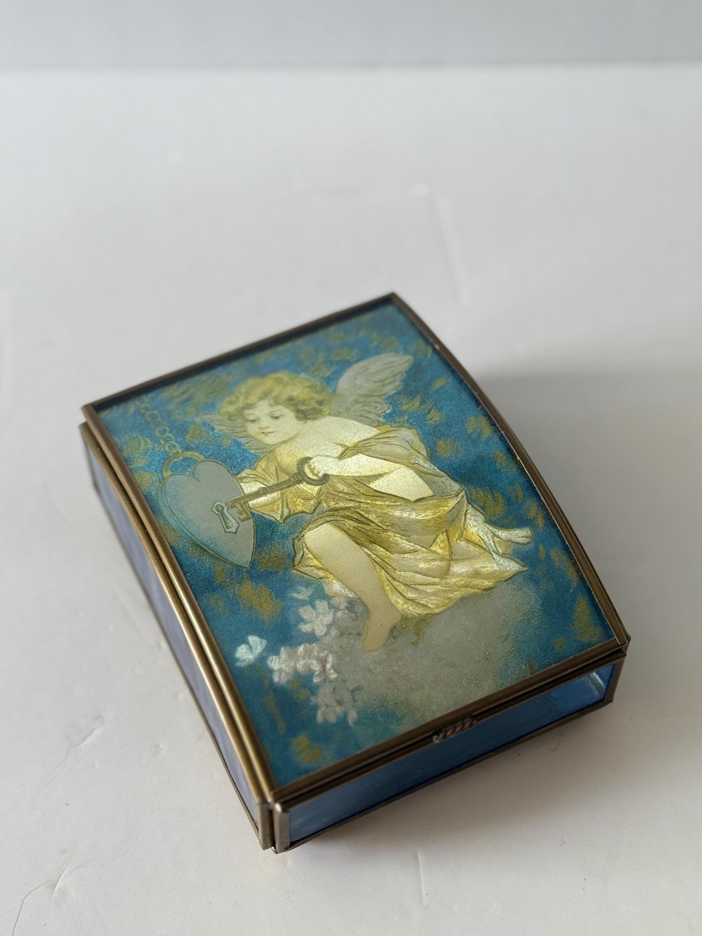 Vintage Music Box: Brass, Blue Glass, Cherub Angel Design, Plays "All I Ask of You"
