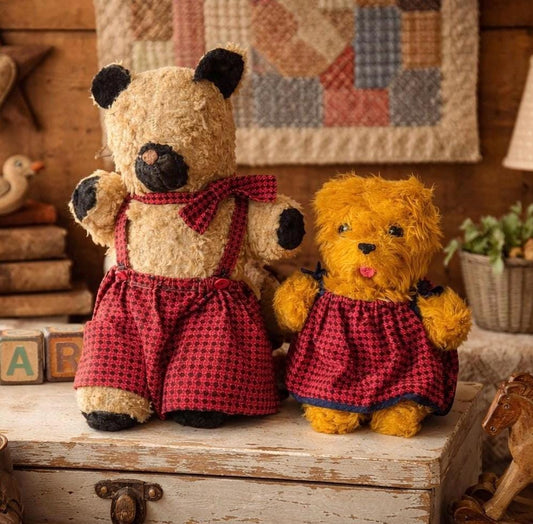 Vintage Teddy Bear Pair Regal & Mighty Star Canada, 14” and 10” Plush Toys, Houndstooth Outfit Bears, Primitive Worn Decor
