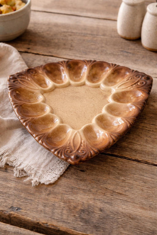 Vintage Triangular Deviled Egg Plate, Rustic Brown Pottery Egg Tray, Scalloped Serving Dish, Farmhouse Kitchen Decor