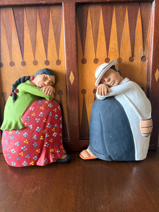 Vintage Folk Art Wall Hanging Set, Hand Painted Clay Figures Couple, Rustic Farmhouse Decor