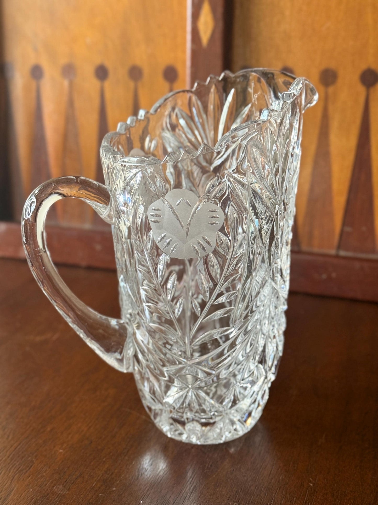 Vintage Clear Crystal Pitcher, Floral and Diamond Cut Glass, Elegant Water Jug