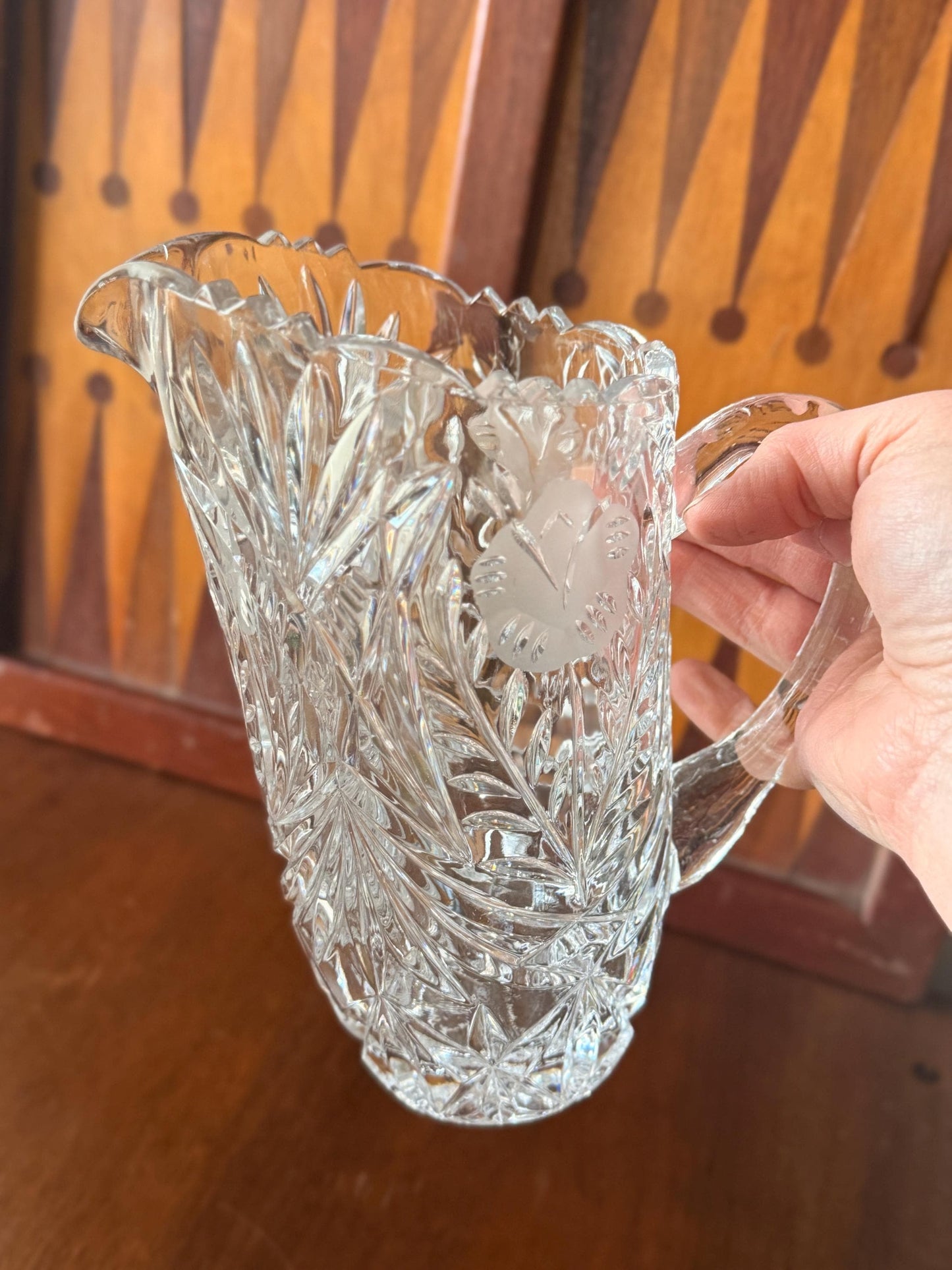 Vintage Clear Crystal Pitcher, Floral and Diamond Cut Glass, Elegant Water Jug