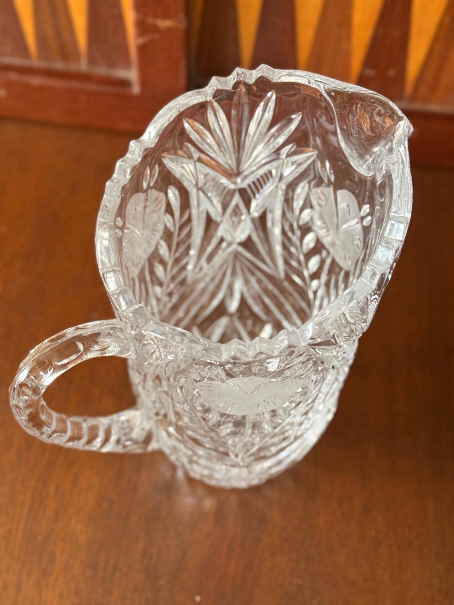 Vintage Clear Crystal Pitcher, Floral and Diamond Cut Glass, Elegant Water Jug
