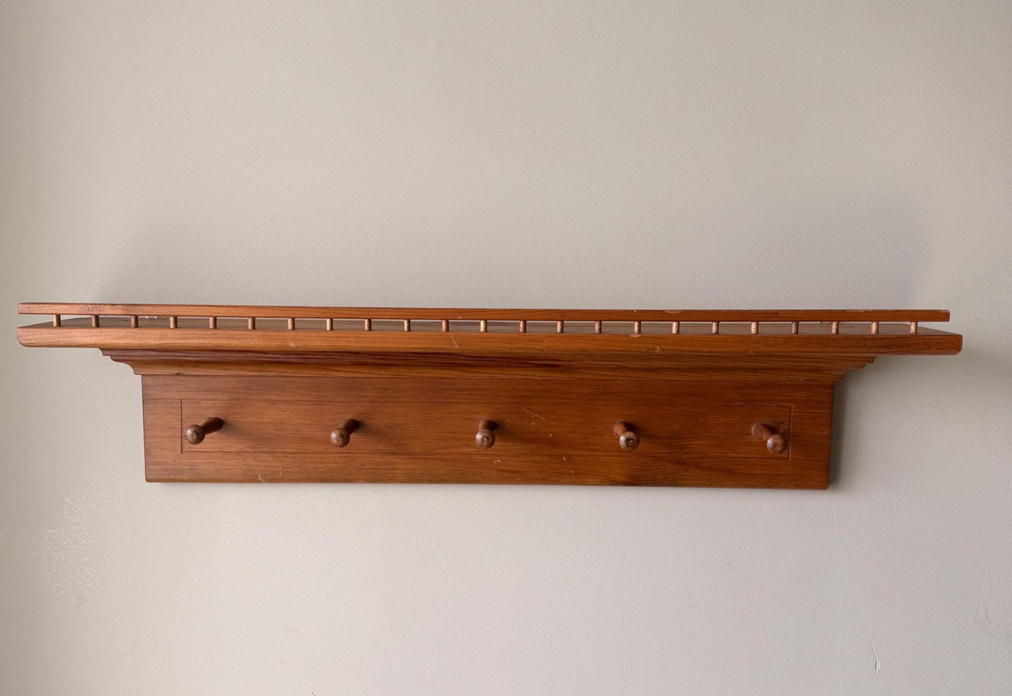 Vintage Wooden Wall Shelf with Peg Hooks, Entryway Organizer, Farmhouse Coat Rack