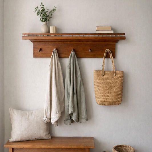 Vintage Wooden Wall Shelf with Peg Hooks, Entryway Organizer, Farmhouse Coat Rack