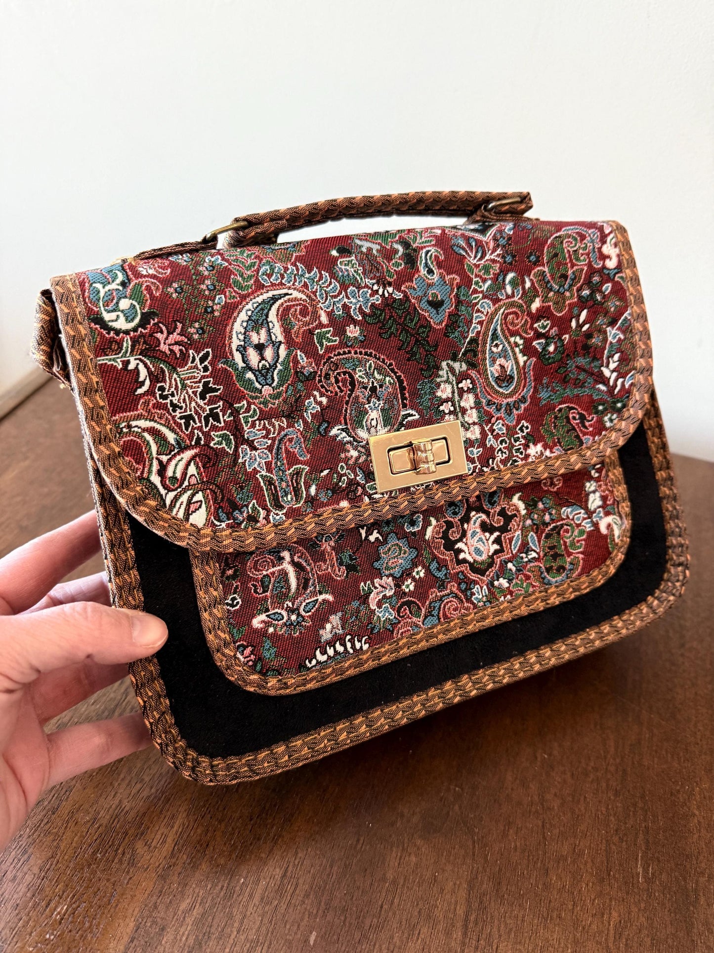 Vintage Turkish Kilim Style Shoulder Bag, Unused Tapestry Paisley Purse, Suede Accent Handbag, Adjustable Strap, Boho Crossbody Bag