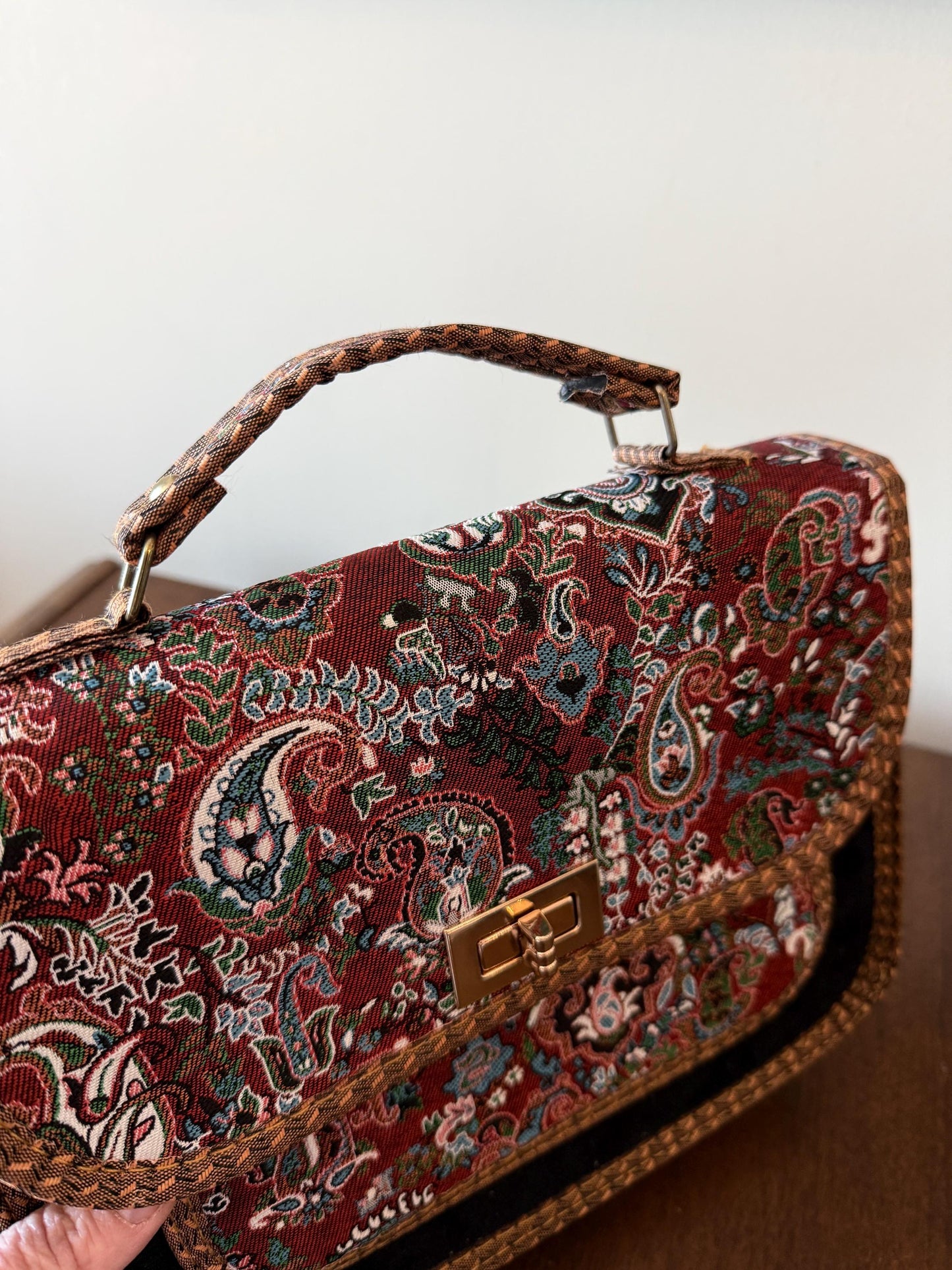 Vintage Turkish Kilim Style Shoulder Bag, Unused Tapestry Paisley Purse, Suede Accent Handbag, Adjustable Strap, Boho Crossbody Bag