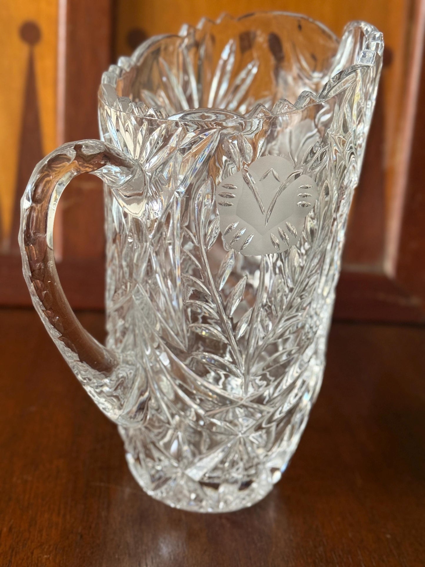 Vintage Clear Crystal Pitcher, Floral and Diamond Cut Glass, Elegant Water Jug