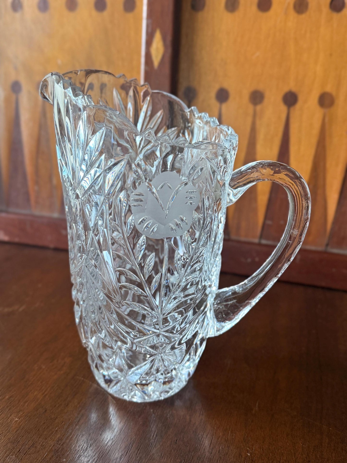 Vintage Clear Crystal Pitcher, Floral and Diamond Cut Glass, Elegant Water Jug
