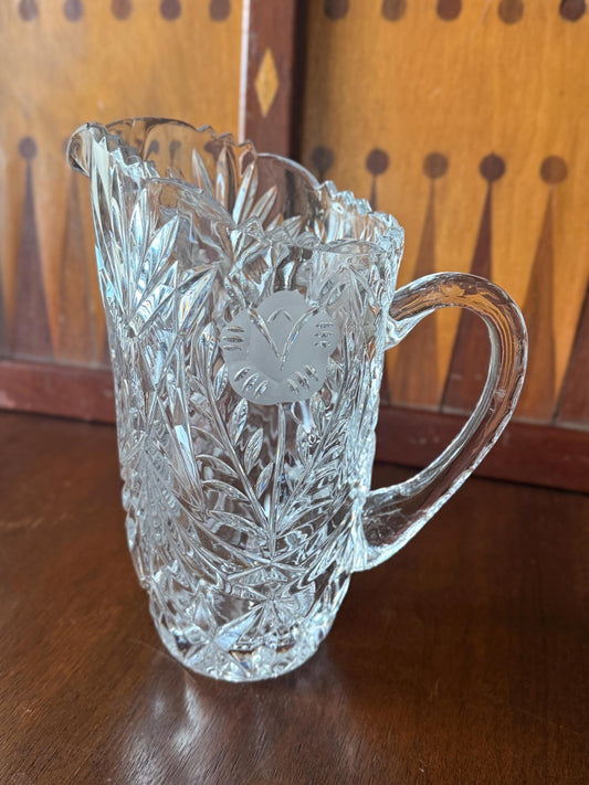 Vintage Clear Crystal Pitcher, Floral and Diamond Cut Glass, Elegant Water Jug
