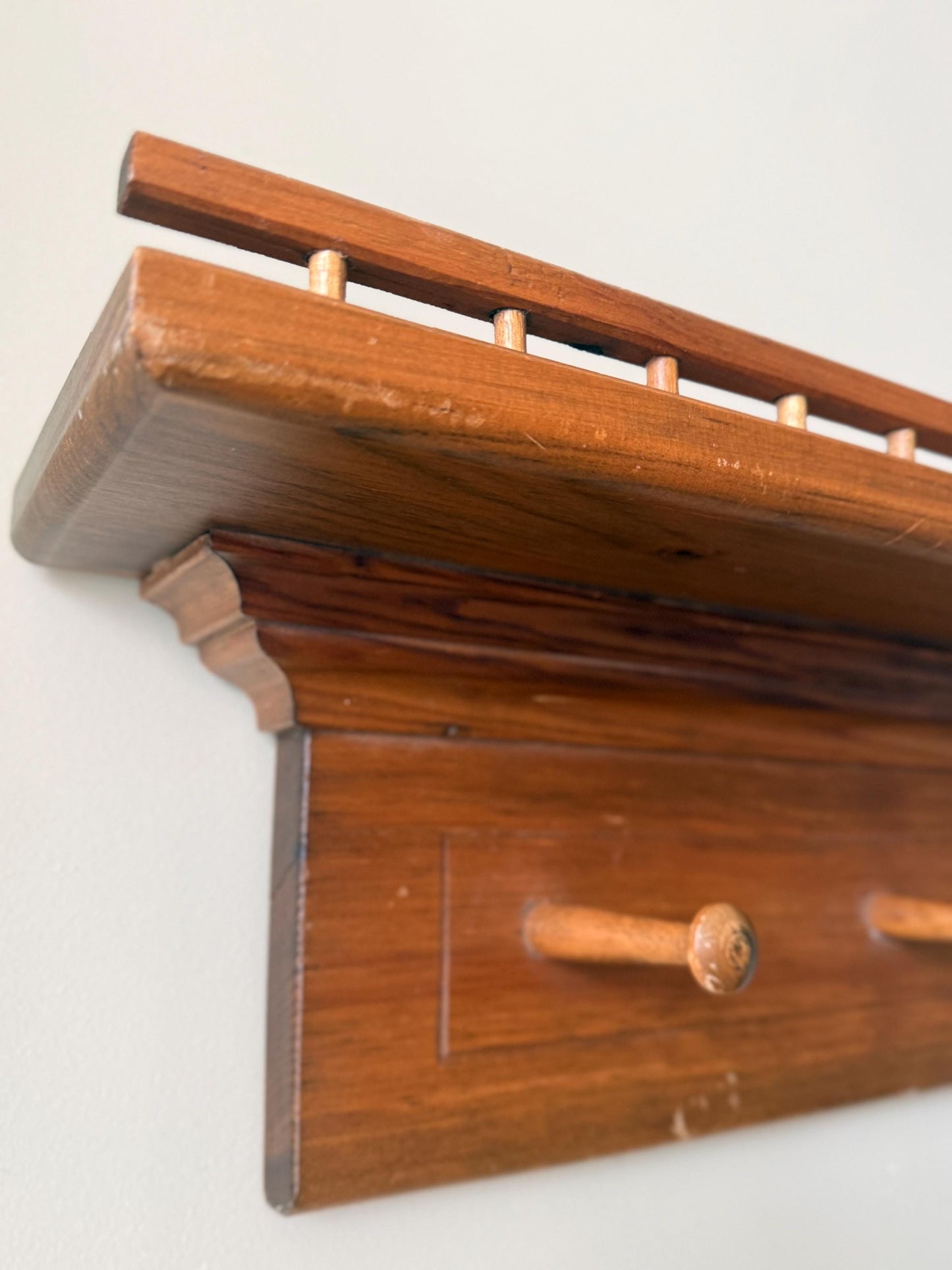 Vintage Wooden Wall Shelf with Peg Hooks, Entryway Organizer, Farmhouse Coat Rack