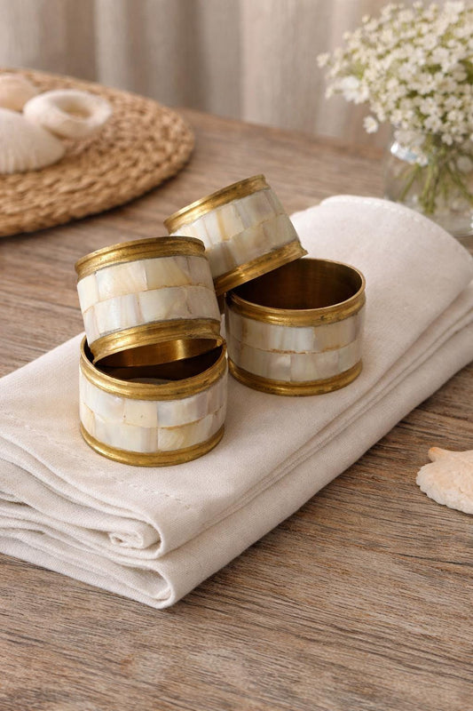 Vintage Brass & Mother of Pearl Napkin Rings Set of 4, Shell Inlay Table Decor, Coastal Dining